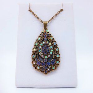 Handcrafted Antiqued Bronze Aurora Borealis & Purple Rhinestone Necklace